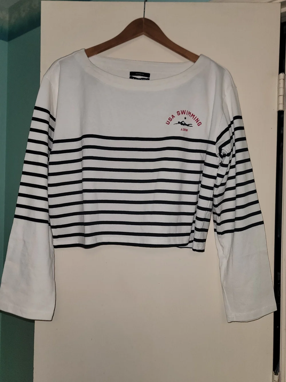 J. Crew×USA Swimming Cropped Boatneck Striped Mariner Top M Cotton NWT